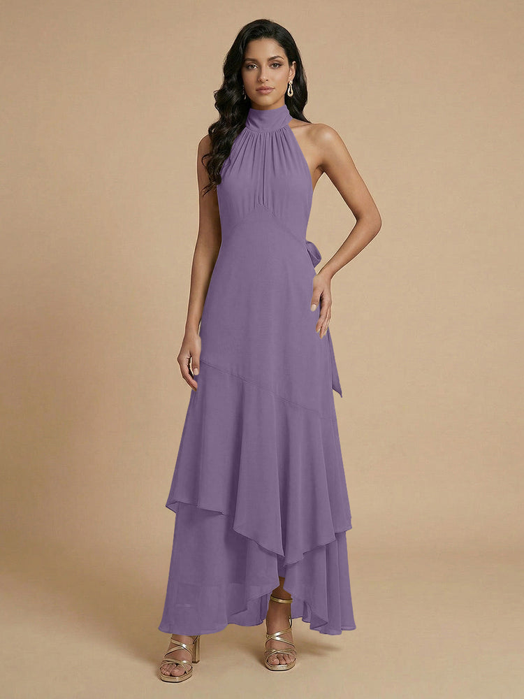 Chiffon A-Line Halter Long Bridesmaid Dresses with Layers