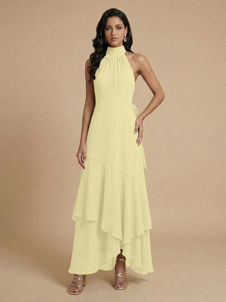 Chiffon A-Line Halter Long Bridesmaid Dresses with Layers