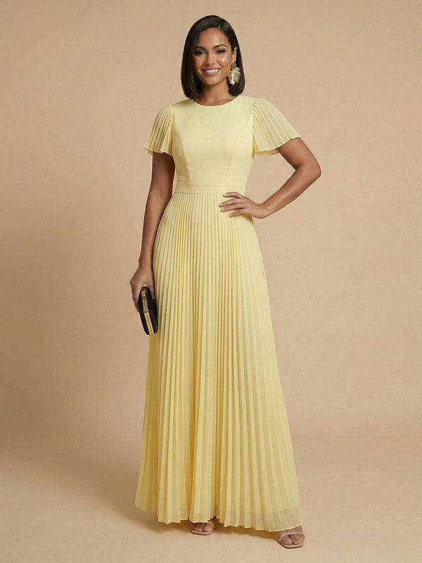 Chiffon A-Line Round Neck Long Bridesmaid Dresses with Pleats