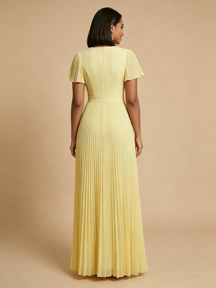 Chiffon A-Line Round Neck Long Bridesmaid Dresses with Pleats