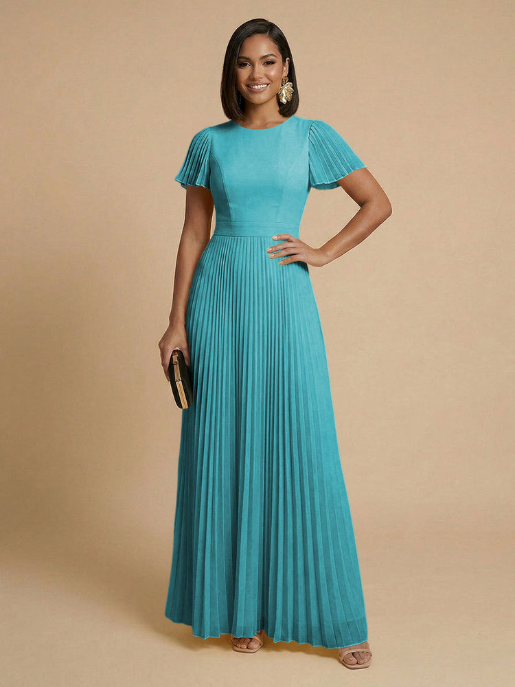 Chiffon A-Line Round Neck Long Bridesmaid Dresses with Pleats