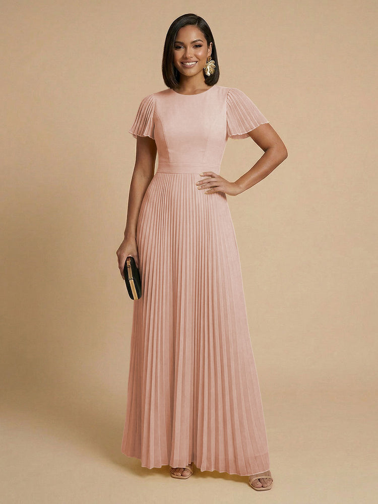 Chiffon A-Line Round Neck Long Bridesmaid Dresses with Pleats