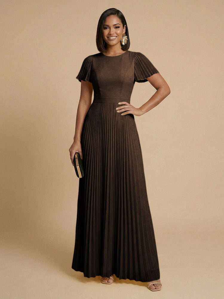 Chiffon A-Line Round Neck Long Bridesmaid Dresses with Pleats