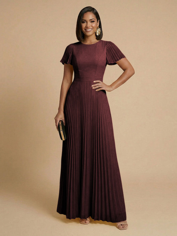 Chiffon A-Line Round Neck Long Bridesmaid Dresses with Pleats