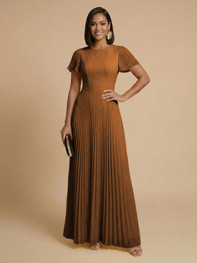 Chiffon A-Line Round Neck Long Bridesmaid Dresses with Pleats