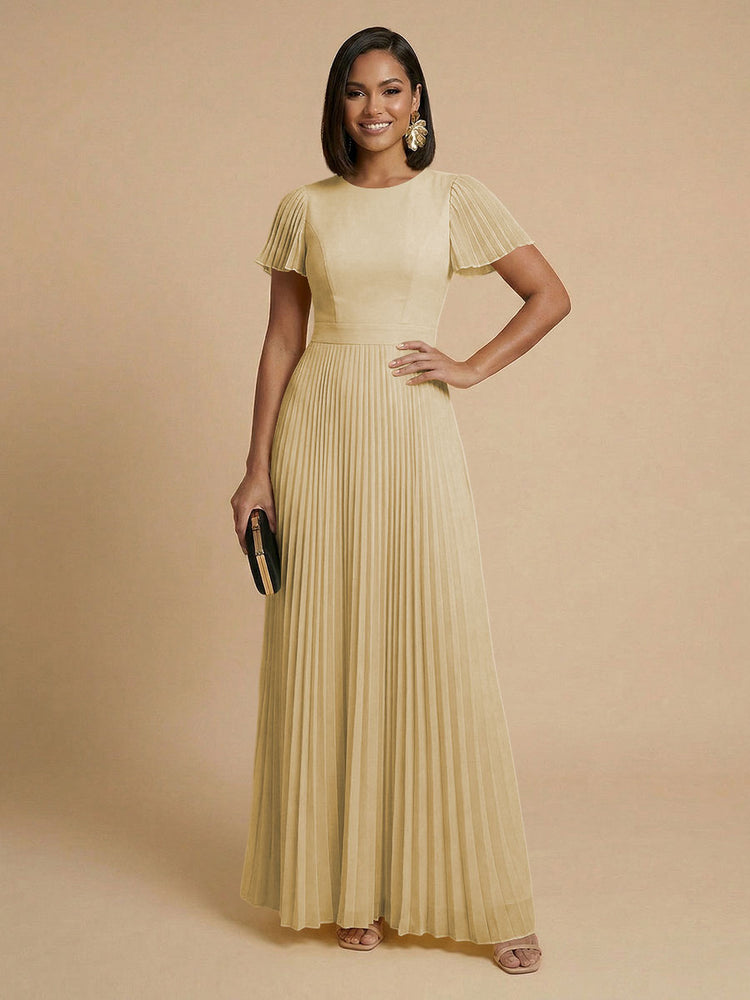Chiffon A-Line Round Neck Long Bridesmaid Dresses with Pleats