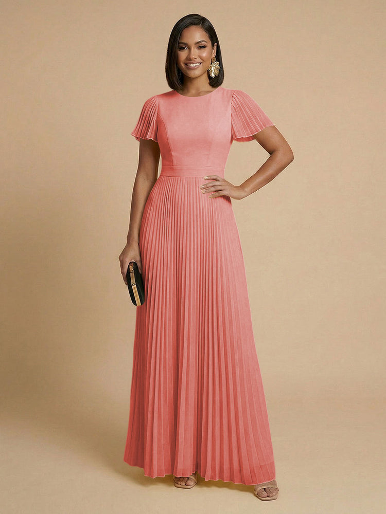 Chiffon A-Line Round Neck Long Bridesmaid Dresses with Pleats