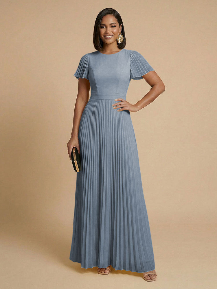 Chiffon A-Line Round Neck Long Bridesmaid Dresses with Pleats
