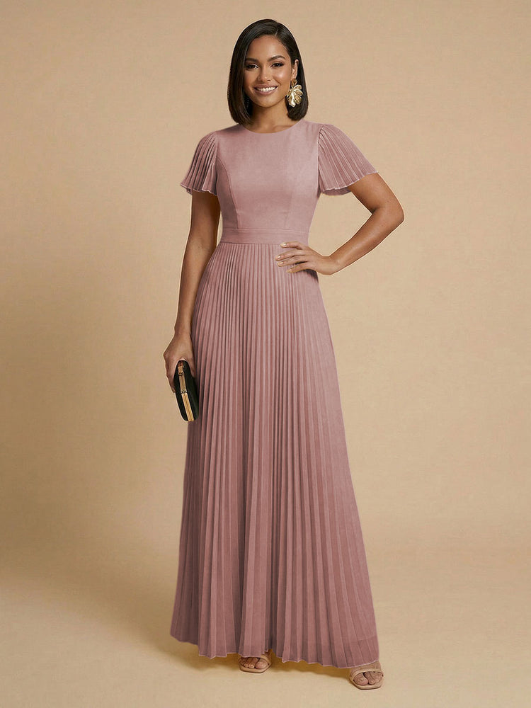 Chiffon A-Line Round Neck Long Bridesmaid Dresses with Pleats