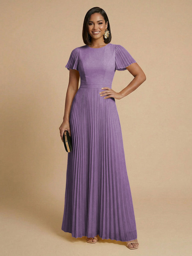 Chiffon A-Line Round Neck Long Bridesmaid Dresses with Pleats