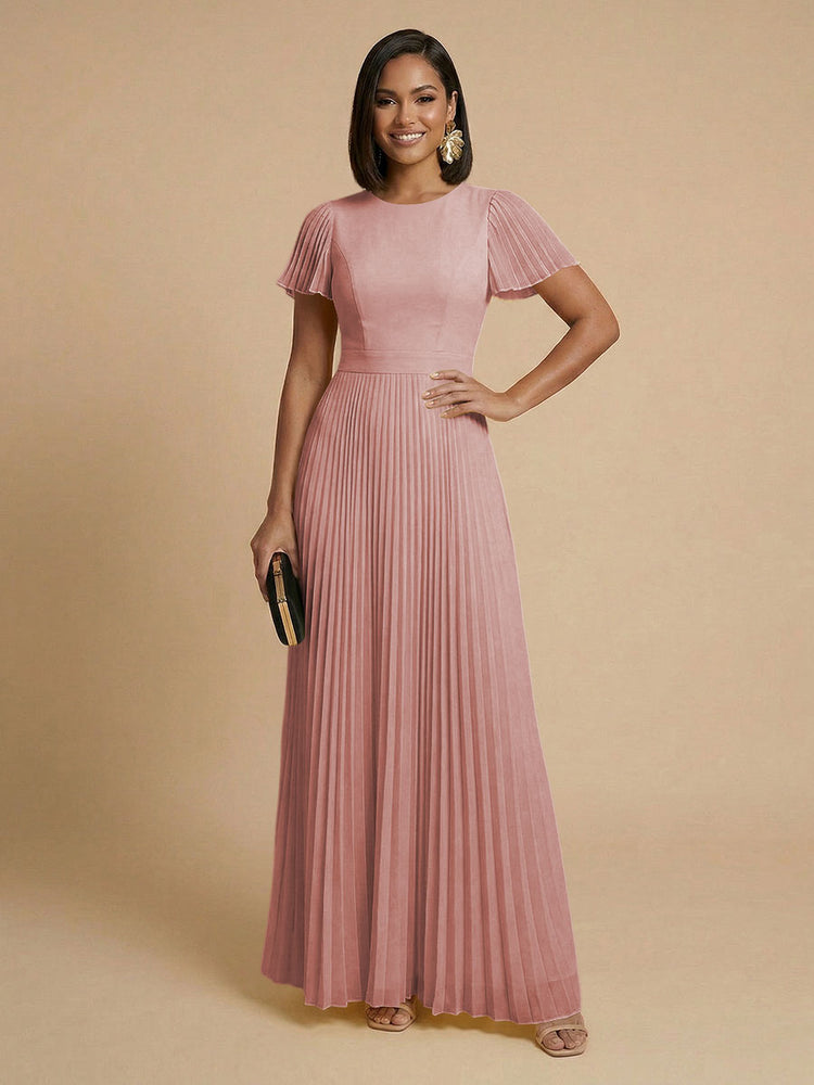 Chiffon A-Line Round Neck Long Bridesmaid Dresses with Pleats