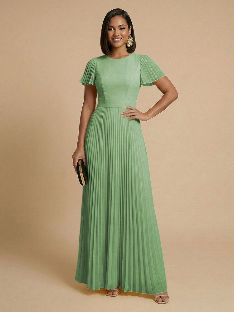 Chiffon A-Line Round Neck Long Bridesmaid Dresses with Pleats