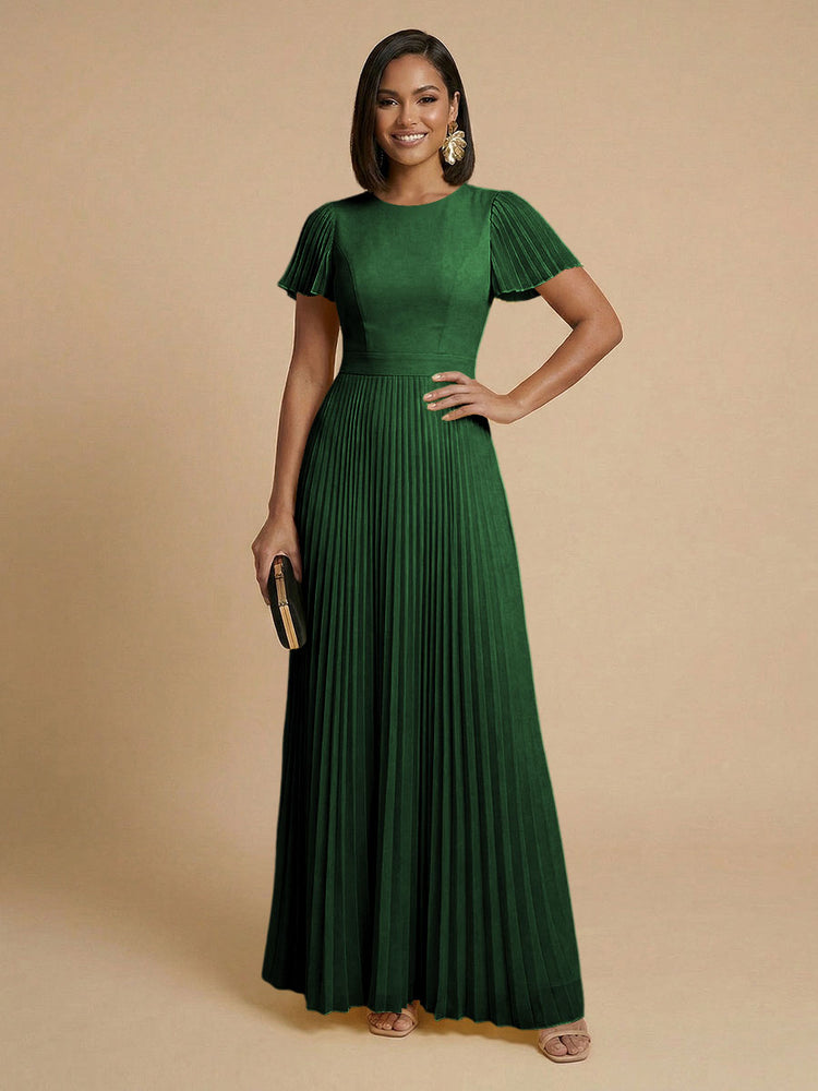 Chiffon A-Line Round Neck Long Bridesmaid Dresses with Pleats