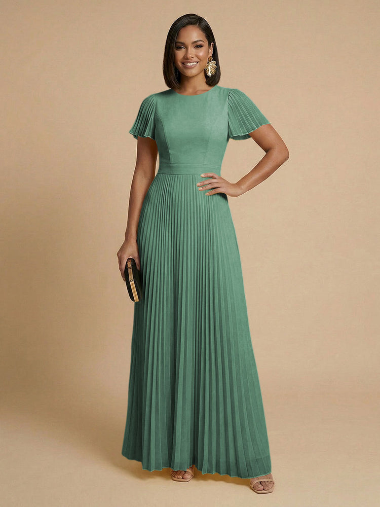 Chiffon A-Line Round Neck Long Bridesmaid Dresses with Pleats