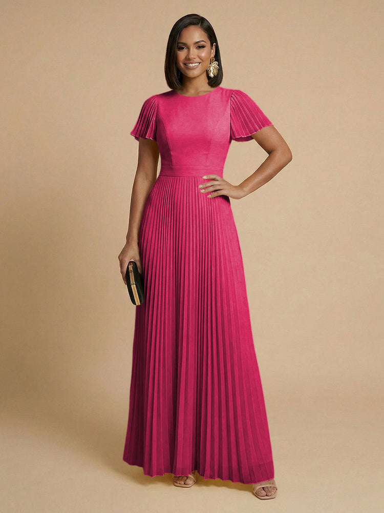 Chiffon A-Line Round Neck Long Bridesmaid Dresses with Pleats
