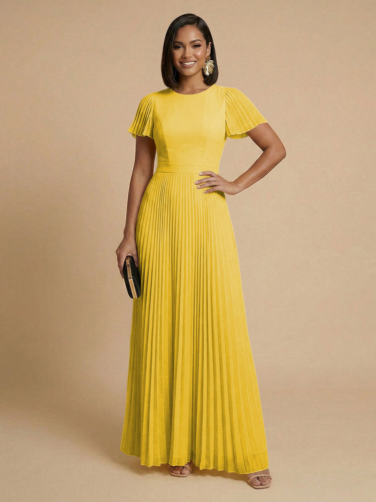 Chiffon A-Line Round Neck Long Bridesmaid Dresses with Pleats