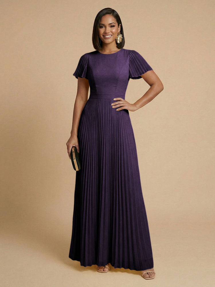 Chiffon A-Line Round Neck Long Bridesmaid Dresses with Pleats