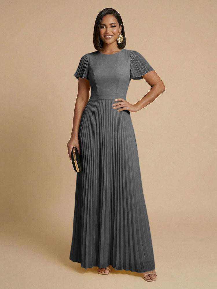 Chiffon A-Line Round Neck Long Bridesmaid Dresses with Pleats