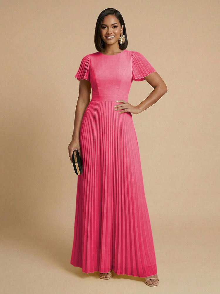 Chiffon A-Line Round Neck Long Bridesmaid Dresses with Pleats