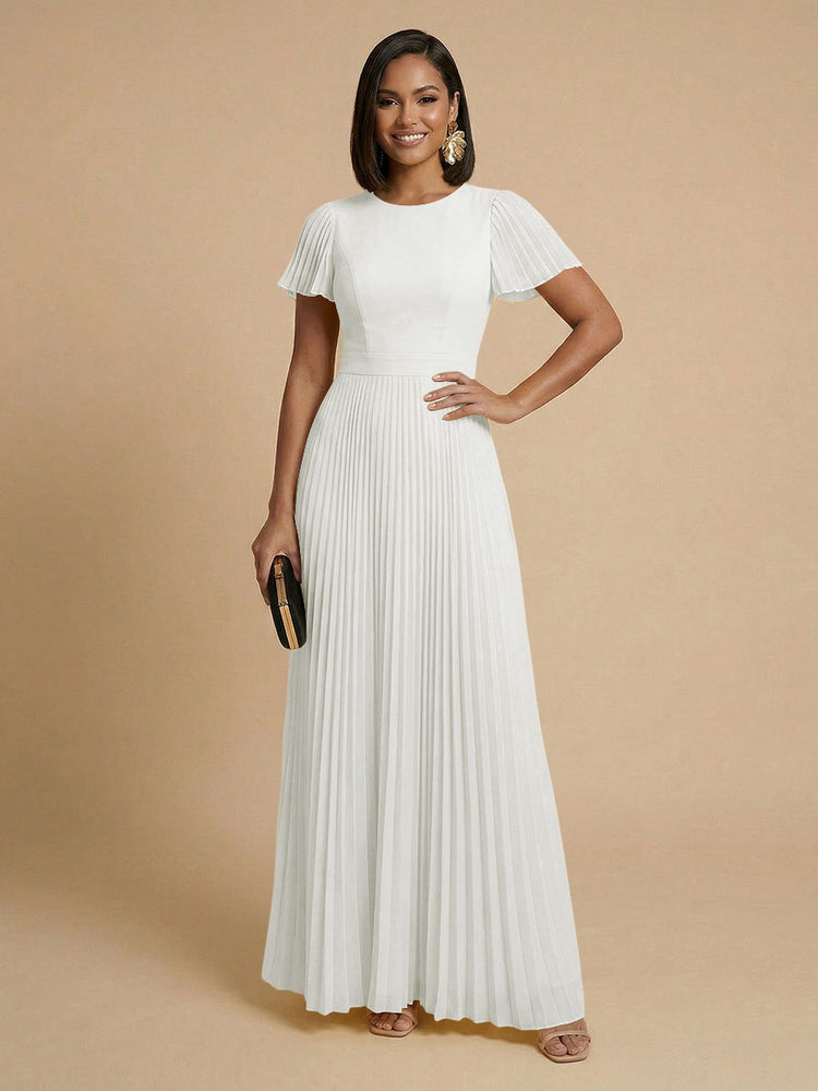 Chiffon A-Line Round Neck Long Bridesmaid Dresses with Pleats