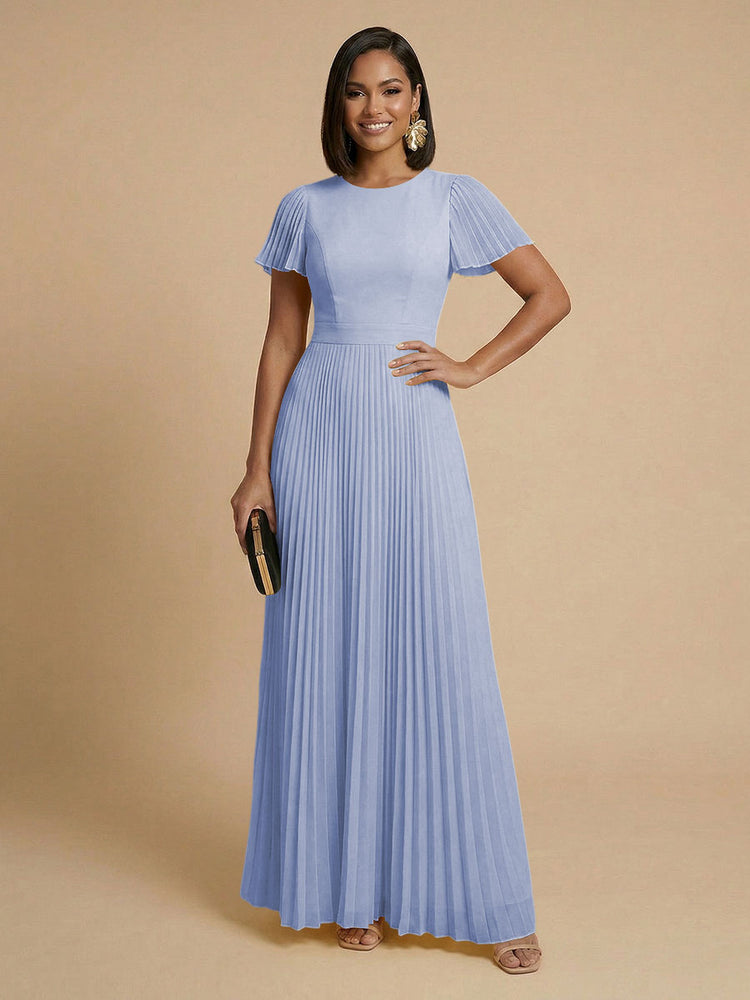 Chiffon A-Line Round Neck Long Bridesmaid Dresses with Pleats