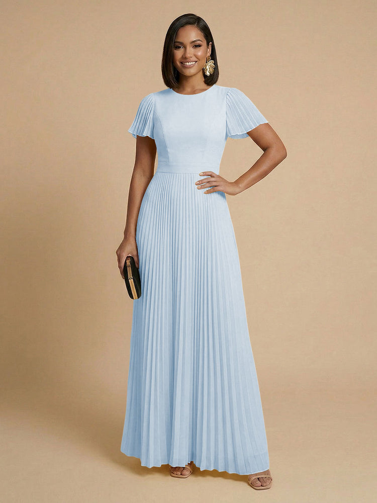 Chiffon A-Line Round Neck Long Bridesmaid Dresses with Pleats