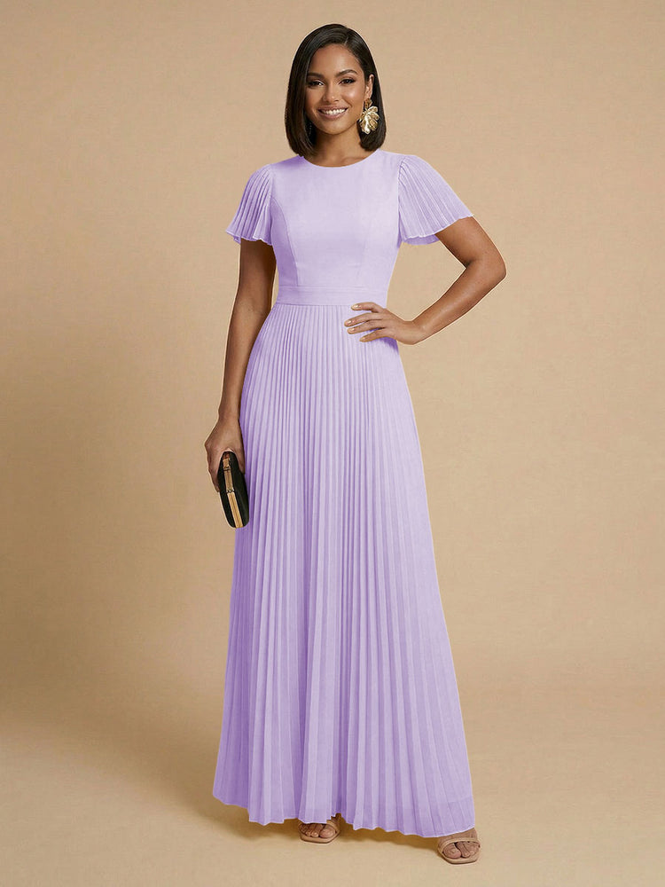 Chiffon A-Line Round Neck Long Bridesmaid Dresses with Pleats