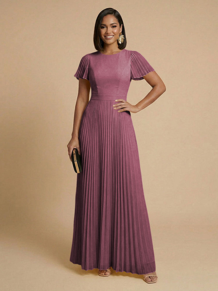 Chiffon A-Line Round Neck Long Bridesmaid Dresses with Pleats