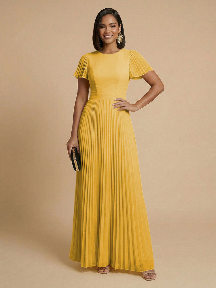Chiffon A-Line Round Neck Long Bridesmaid Dresses with Pleats