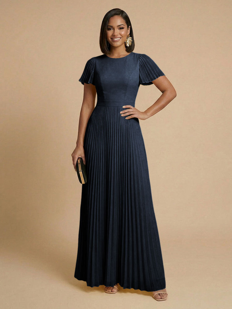 Chiffon A-Line Round Neck Long Bridesmaid Dresses with Pleats
