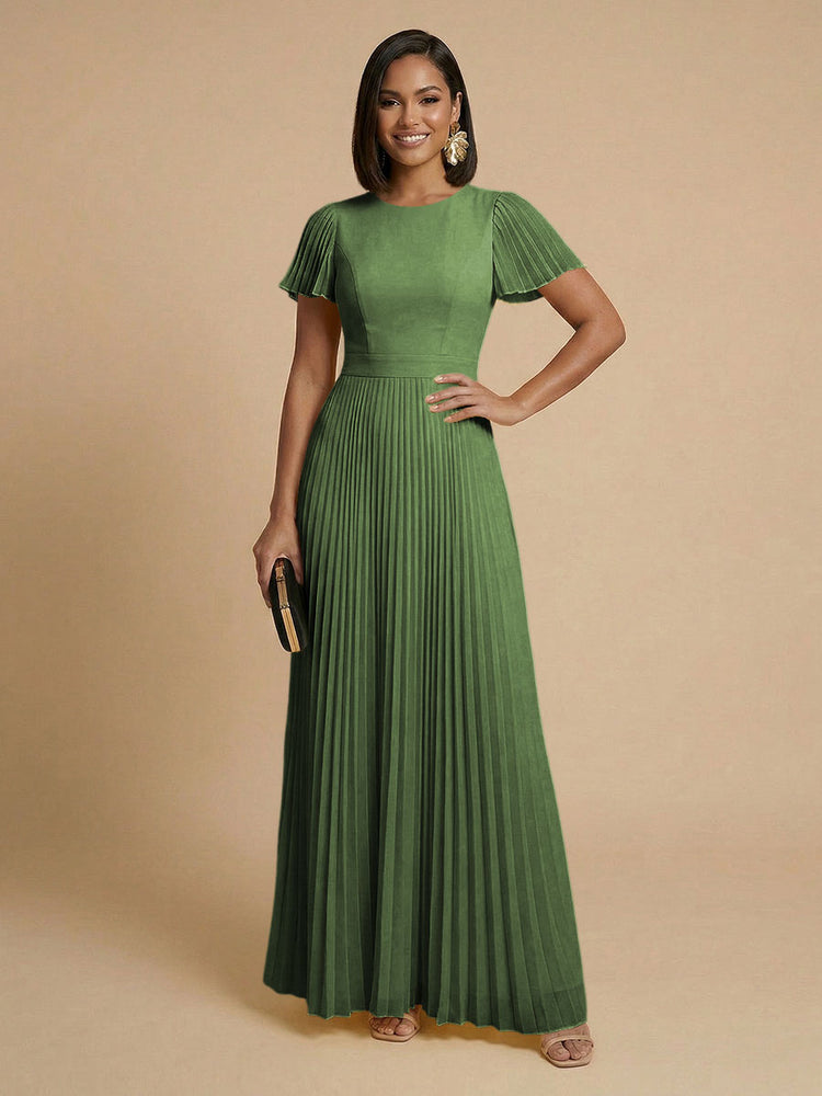Chiffon A-Line Round Neck Long Bridesmaid Dresses with Pleats