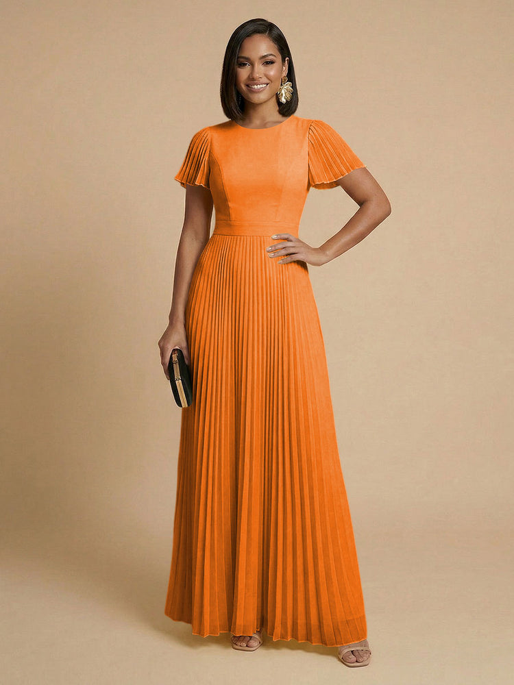 Chiffon A-Line Round Neck Long Bridesmaid Dresses with Pleats