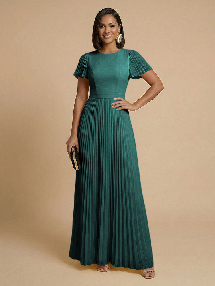 Chiffon A-Line Round Neck Long Bridesmaid Dresses with Pleats