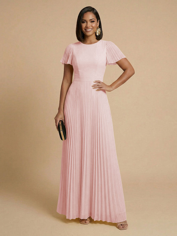 Chiffon A-Line Round Neck Long Bridesmaid Dresses with Pleats