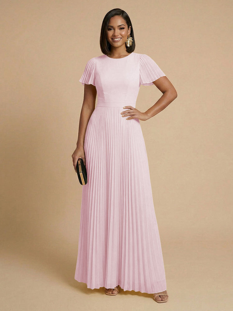 Chiffon A-Line Round Neck Long Bridesmaid Dresses with Pleats