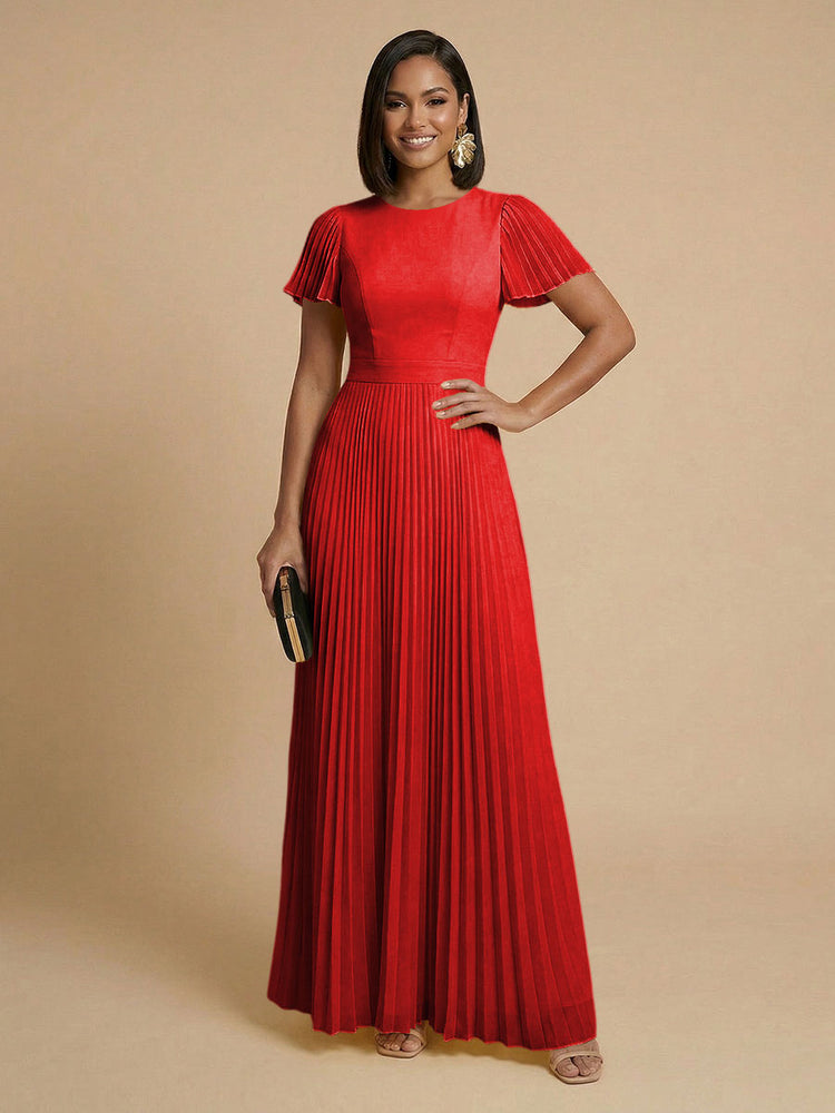 Chiffon A-Line Round Neck Long Bridesmaid Dresses with Pleats