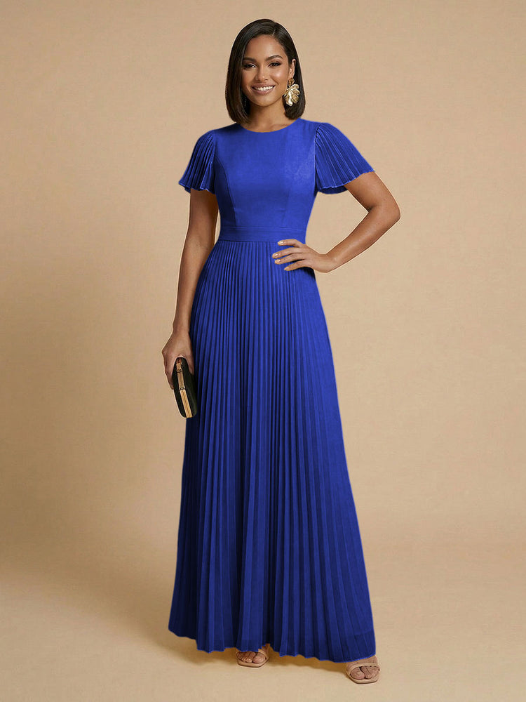 Chiffon A-Line Round Neck Long Bridesmaid Dresses with Pleats