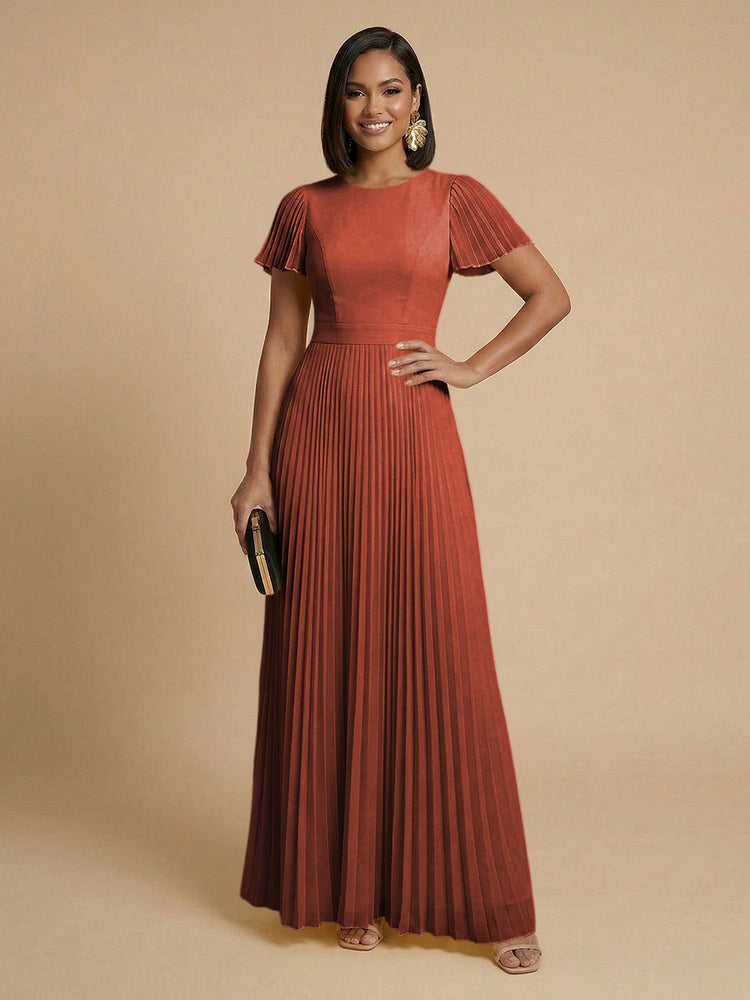 Chiffon A-Line Round Neck Long Bridesmaid Dresses with Pleats