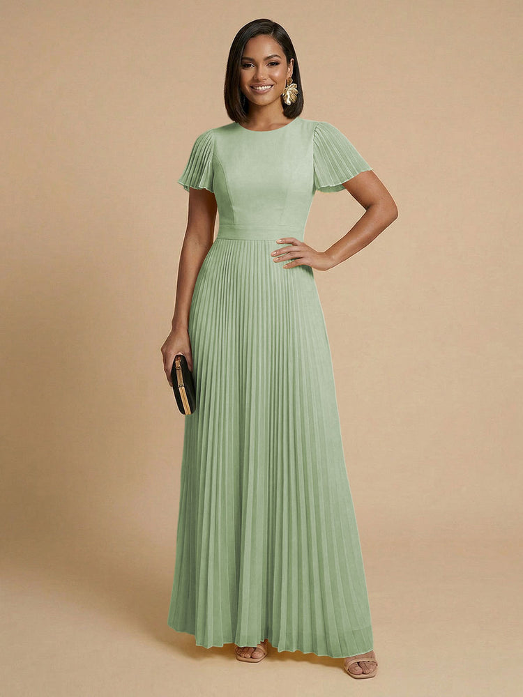 Chiffon A-Line Round Neck Long Bridesmaid Dresses with Pleats