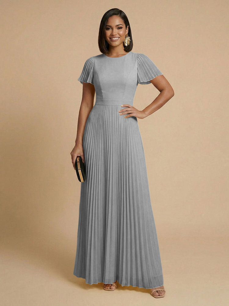 Chiffon A-Line Round Neck Long Bridesmaid Dresses with Pleats