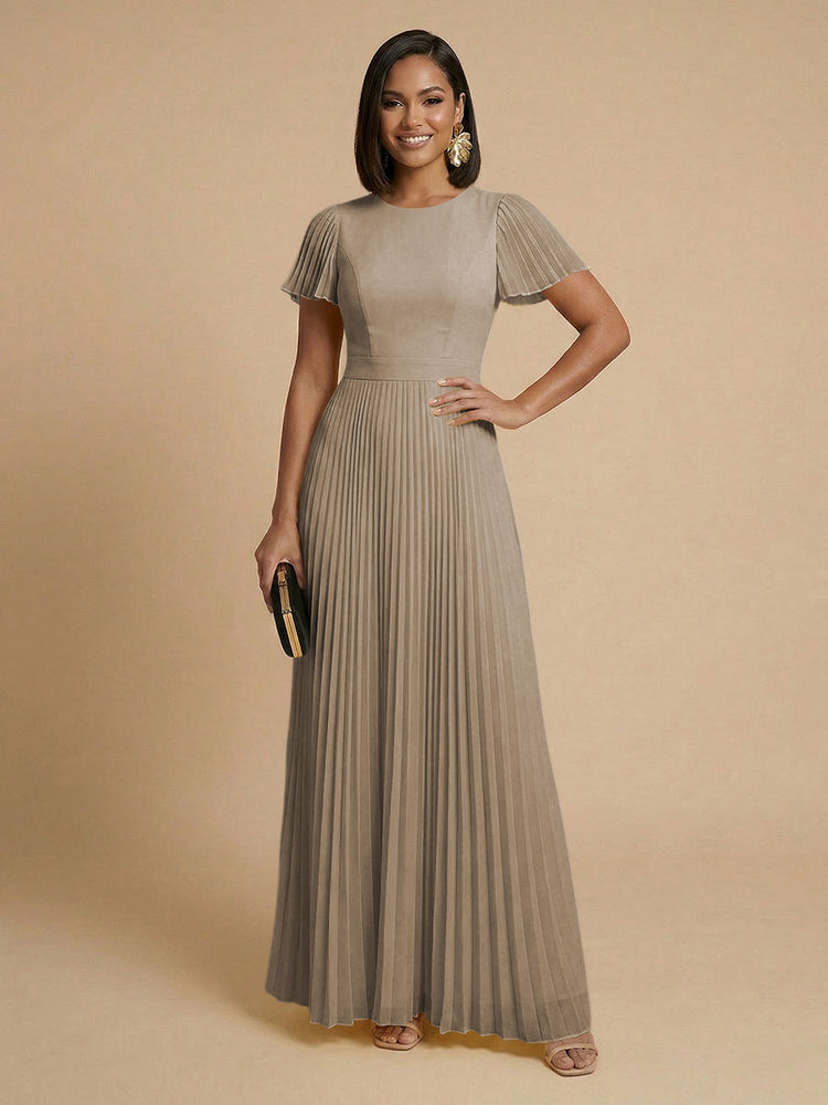 Chiffon A-Line Round Neck Long Bridesmaid Dresses with Pleats