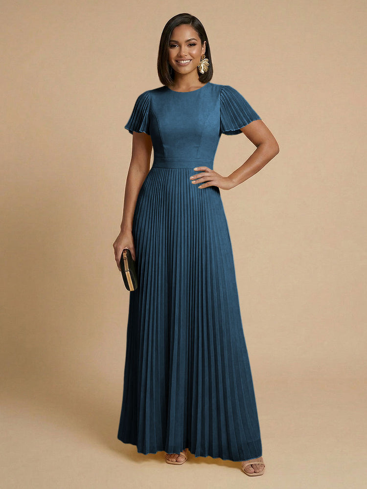 Chiffon A-Line Round Neck Long Bridesmaid Dresses with Pleats