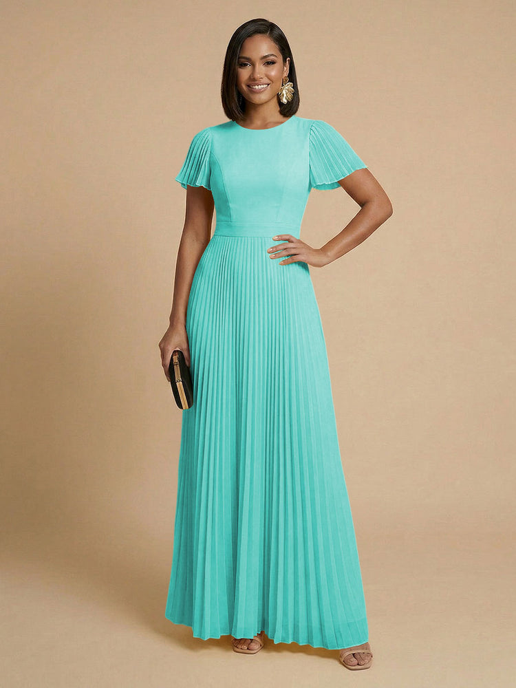 Chiffon A-Line Round Neck Long Bridesmaid Dresses with Pleats