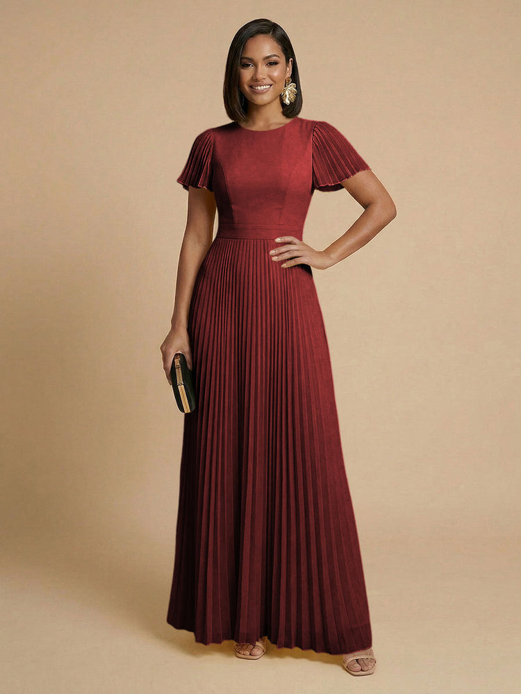 Chiffon A-Line Round Neck Long Bridesmaid Dresses with Pleats