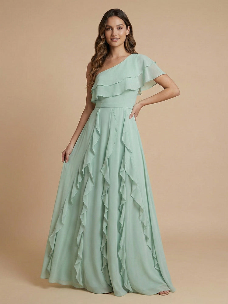 Chiffon A-Line One Shoulder Long Bridesmaid Dresses with Ruffles
