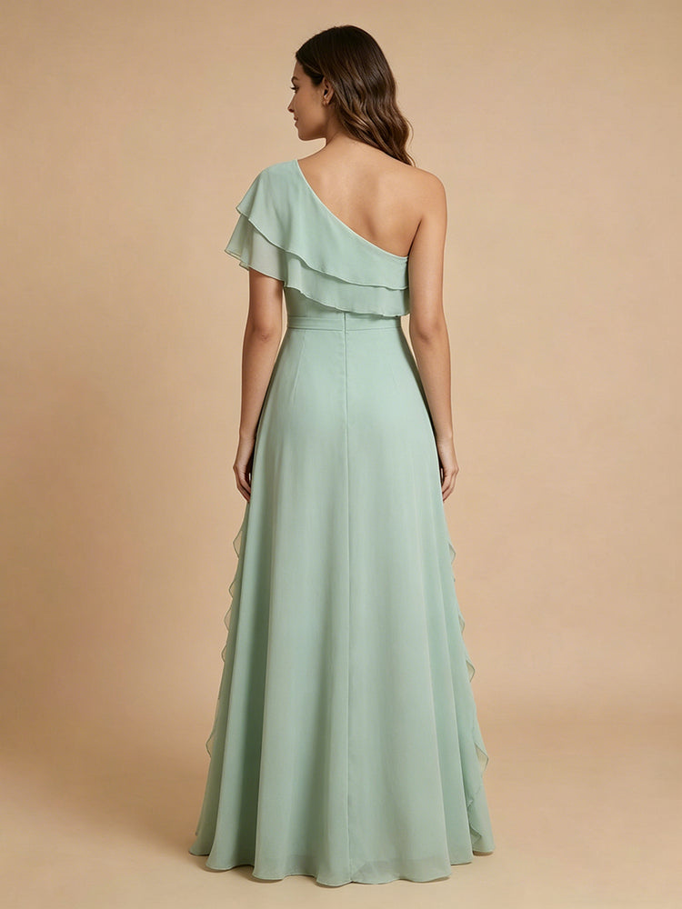 Chiffon A-Line One Shoulder Long Bridesmaid Dresses with Ruffles