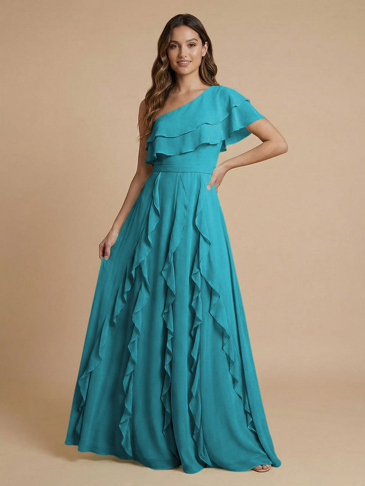 Chiffon A-Line One Shoulder Long Bridesmaid Dresses with Ruffles