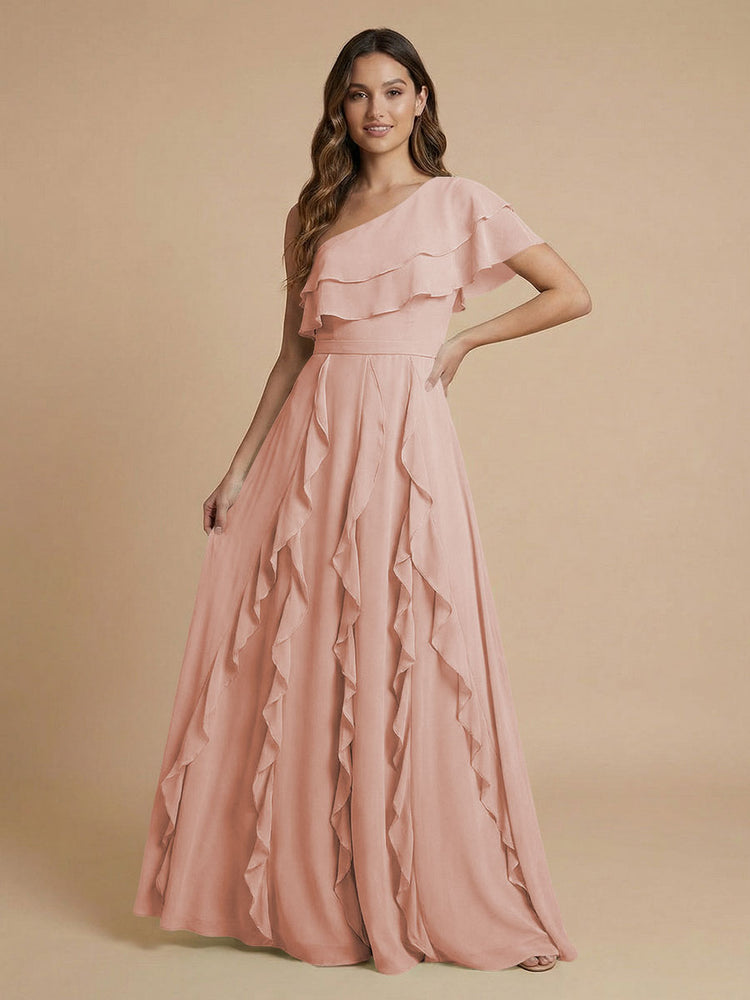 Chiffon A-Line One Shoulder Long Bridesmaid Dresses with Ruffles