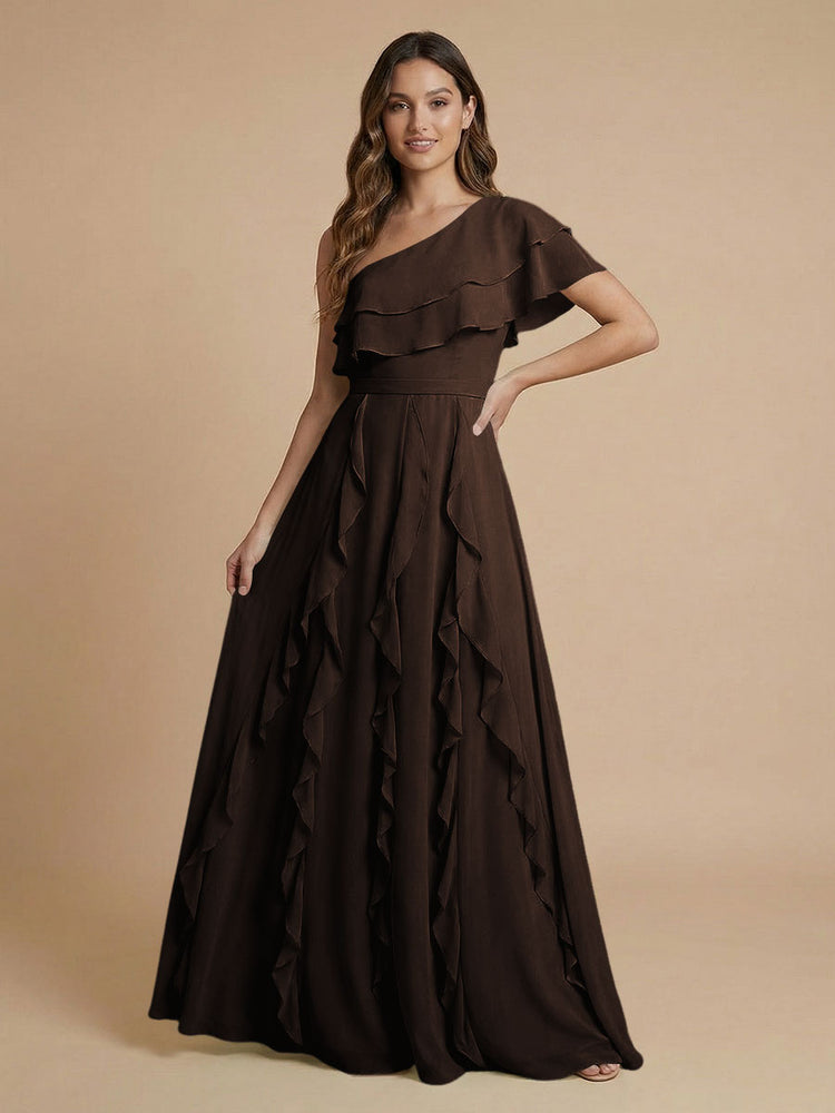 Chiffon A-Line One Shoulder Long Bridesmaid Dresses with Ruffles