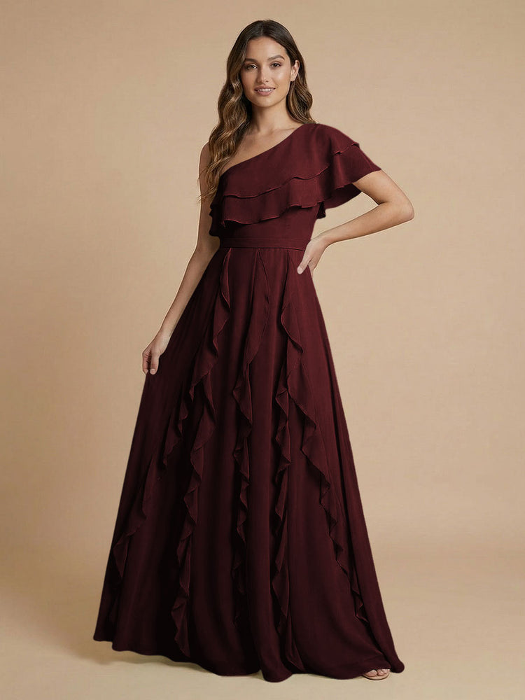 Chiffon A-Line One Shoulder Long Bridesmaid Dresses with Ruffles